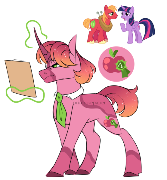 Size: 1280x1383 | Tagged: safe, artist:primrosepaper, derpibooru import, big macintosh, twilight sparkle, twilight sparkle (alicorn), oc, alicorn, earth pony, pony, unicorn, alternate design, clipboard, coat markings, ethereal mane, female, glasses, glow, glowing horn, horn, image, levitation, magic, male, mare, necktie, obtrusive watermark, offspring, parent:big macintosh, parent:twilight sparkle, parents:twimac, png, round glasses, simple background, socks (coat marking), stallion, starry mane, telekinesis, transparent background, twitterina design, unicorn oc, watermark