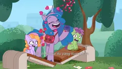 Size: 3072x1727 | Tagged: safe, derpibooru import, screencap, izzy moonbow, unnamed character, unnamed pony, pegasus, pony, unicorn, my little pony: tell your tale, spoiler:g5, spoiler:my little pony: tell your tale, spoiler:tyts01e44, bench, colt, eyes closed, female, filly, foal, g5, image, indonesian, jpeg, male, mare, open mouth, open smile, secret ad-mare-er, skysport, smiling, subtitles, trio