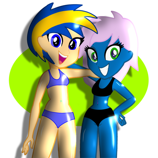 Size: 2048x2048 | Tagged: safe, artist:johnnybro2883, derpibooru import, oc, oc:flare spark, oc:radiant rail, equestria girls, base used, belly, belly button, belly piercing, bellyring, bikini, clothes, image, piercing, png, shiny, simple background, simple shading, swimsuit