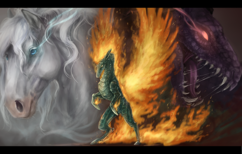 Size: 1800x1150 | Tagged: safe, artist:antarija, derpibooru import, dragon, horse, hybrid, longma, them's fightin' herds, community related, epic, female, fiery wings, image, mane of fire, png, realistic, solo, tianhuo (tfh), wings