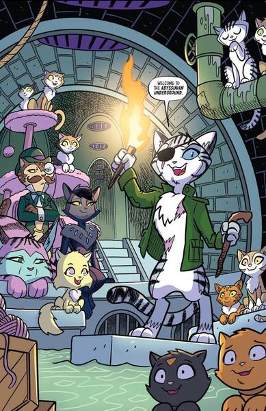 Size: 750x1157 | Tagged: safe, artist:tonyfleecs, derpibooru import, idw, chummer, abyssinian, anthro, cat, spoiler:comic97, abyssinia, admiral fluffington, cat tree, dialogue, eye scar, eyepatch, facial scar, female, g4, group, image, jpeg, male, max (cat), molly (cat), scar, season 10, sewer, shadow (cat), speech bubble, torch