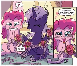 Size: 881x750 | Tagged: safe, artist:michela cacciatore, derpibooru import, idw, pinkie pie, violet shiver, earth pony, pony, unicorn, my little pony: generations, spoiler:comic, spoiler:comicgenerations03, blushing, decoration, dialogue, duo, emanata, female, g4, heart, heart eyes, image, jpeg, mare, s'mony, speech bubble, wingding eyes