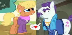 Size: 2100x1015 | Tagged: safe, derpibooru import, edit, edited screencap, screencap, mr. stripes, ms. harshwhinny, pony, flight to the finish, the saddle row review, angry, clothes, crack shipping, cropped, exclamation point, female, harshstripes, heart, image, jewelry, male, necklace, png, scarf, shipping, shipping domino, straight, thought bubble, vein