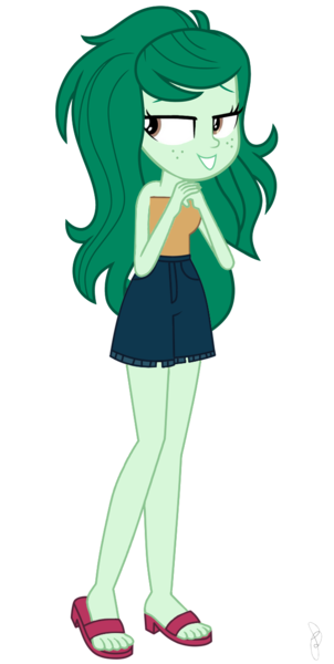 Size: 637x1267 | Tagged: safe, artist:ajosterio, derpibooru import, wallflower blush, human, equestria girls, clothes, female, freckles, image, legs, lidded eyes, png, pockets, sandals, shorts, simple background, smiling, solo, solo female, transparent background, tube top