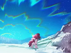 Size: 2160x1620 | Tagged: safe, artist:lendftcn, derpibooru import, pinkie pie, earth pony, pony, aurora borealis, blank flank, female, filly, filly pinkie pie, foal, image, jpeg, snow, snowfall, solo, winter, younger