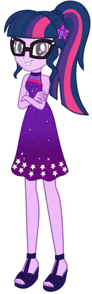 Size: 643x2055 | Tagged: safe, artist:ajosterio, derpibooru import, sci-twi, twilight sparkle, human, equestria girls, equestria girls series, spring breakdown, spoiler:eqg series (season 2), clothes, dress, female, geode of telekinesis, glasses, image, looking at you, magical geodes, png, ponytail, shoes, simple background, sleeveless, smiling, smiling at you, solo, solo female, spring break, stars, transparent background