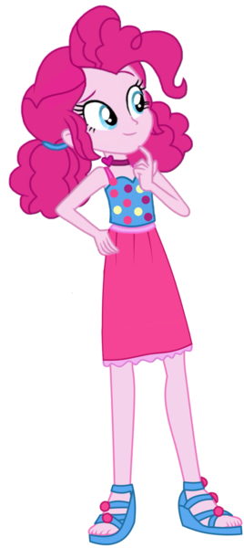 Size: 915x2048 | Tagged: safe, artist:ajosterio, derpibooru import, pinkie pie, human, equestria girls, equestria girls series, spring breakdown, spoiler:eqg series (season 2), clothes, dots, dress, eyebrows, female, geode of sugar bombs, image, legs, magical geodes, midriff, png, raised eyebrow, shoes, simple background, sleeveless, smiling, solo, solo female, spring break, transparent background