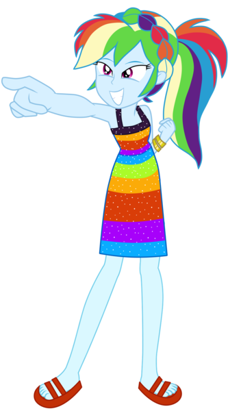 Size: 1024x1744 | Tagged: safe, artist:ajosterio, derpibooru import, rainbow dash, human, equestria girls, equestria girls series, spring breakdown, spoiler:eqg series (season 2), braid, clothes, dress, female, image, legs, png, pointing, rainbow, sandals, simple background, sleeveless, smiling, solo, spring break, squint, transparent background, wristband