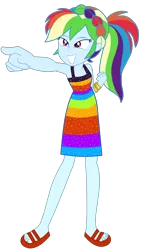 Size: 1024x1744 | Tagged: safe, artist:ajosterio, derpibooru import, rainbow dash, human, equestria girls, equestria girls series, spring breakdown, spoiler:eqg series (season 2), braid, clothes, dress, female, image, legs, png, pointing, rainbow, sandals, simple background, sleeveless, smiling, solo, spring break, squint, transparent background, wristband