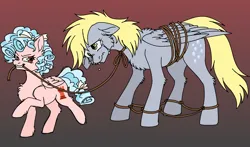Size: 1700x1000 | Tagged: safe, artist:mechanakal, derpibooru import, cozy glow, derpy hooves, pegasus, pony, abuse, bondage, bound wings, bow, cheek fluff, chest fluff, commission, cross-eyed, crying, curly mane, derpibooru exclusive, derpybuse, duo, duo female, evil grin, female, filly, floppy ears, fluffy, foal, folded wings, gradient background, grin, hair bow, head down, image, leash, looking at someone, looking back, looking down, mare, messy mane, nose wrinkle, png, raised hoof, rope, rope bondage, sad, smiling, teary eyes, trotting, wavy mouth, wings