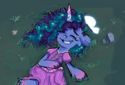 Size: 760x516 | Tagged: safe, artist:kreeeeeez, derpibooru import, butterfly, insect, pony, unicorn, g5, clothes, cornrows, dress, eyes closed, female, freckles, grass, happy, image, lying down, misty brightdawn, png, solo, tangled (disney)