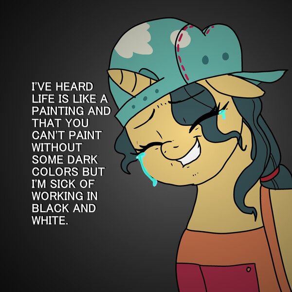 Size: 1200x1200 | Tagged: safe, alternate version, artist:pony quarantine, derpibooru import, fresh coat, pony, unicorn, backwards ballcap, baseball cap, cap, crying, eye clipping through hair, floppy ears, grin, hat, image, jpeg, smiling, solo, text