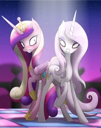 Size: 2832x3600 | Tagged: safe, artist:omnisimon11, derpibooru import, fleur-de-lis, princess cadance, alicorn, pony, unicorn, blushing, butt bump, butt to butt, butt touch, dance floor, dancing, do not want, duo, female, fleurdance, high res, image, infidelity, jpeg, lesbian, looking at each other, looking at someone, mare, shipping