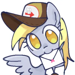 Size: 2048x2048 | Tagged: safe, artist:omelettepony, derpibooru import, derpy hooves, pegasus, pony, clothes, colored pupils, cute, delivery pony, derp, eye clipping through hair, female, hat, heart, image, letter, looking at you, love letter, mare, png, simple background, smiling, smiling at you, solo, spread wings, uniform, white background, wings