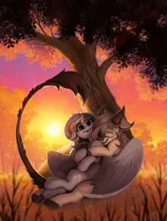 Size: 3094x4096 | Tagged: safe, artist:amishy, derpibooru import, oc, unofficial characters only, hybrid, pegasus, pony, cuddling, duo, horns, hug, hug from behind, image, jpeg, oc x oc, shipping, sunset, tree