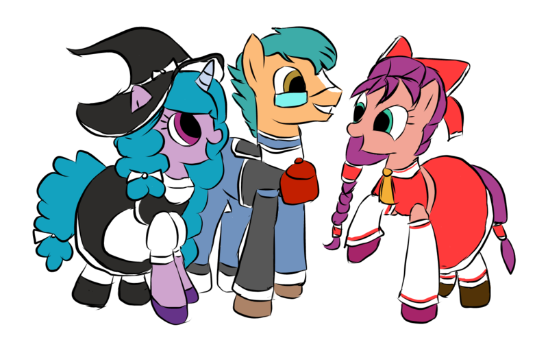 Size: 1328x823 | Tagged: safe, anonymous artist, derpibooru import, hitch trailblazer, izzy moonbow, sunny starscout, earth pony, pony, unicorn, bag, base used, bow, clothes, cosplay, costume, crossover, derpibooru exclusive, dress, female, g4, g5, g5 to g4, generation leap, glasses, hakurei reimu, hat, image, kirisame marisa, male, mare, morichika rinnosuke, png, simple background, skirt, stallion, touhou, transparent background, trio, witch hat