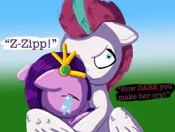 Size: 2048x1536 | Tagged: safe, artist:the crystal artist, derpibooru import, pipp petals, zipp storm, pegasus, pony, unicorn, angry, annoyed, crying, derpibooru exclusive, dialogue, duo, duo female, eyes closed, female, floppy ears, folded wings, frown, g5, gradient background, hug, image, jewelry, lineless, mare, name, png, royal sisters (g5), sad, shading, shrunken pupils, siblings, sisters, text, tiara, unamused, winghug, wings, zipp storm is not amused