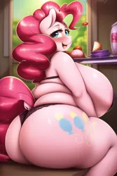 Size: 512x768 | Tagged: suggestive, derpibooru import, machine learning generated, novelai, stable diffusion, pinkie pie, anthro, earth pony, unguligrade anthro, ass, balloonbutt, bbw, big breasts, blushing, bra, breasts, busty pinkie pie, butt, clothes, extra thicc, fat, fat boobs, female, huge breasts, huge butt, image, impossibly large breasts, impossibly large butt, indoors, large butt, looking back, nudity, panties, partial nudity, png, pudgy pie, rear view, shirt, solo, solo female, ssbbw, t-shirt, the ass was fat, thighs, thunder thighs, underwear, wide hips