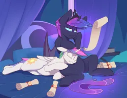 Size: 3600x2800 | Tagged: safe, artist:chapaevv, derpibooru import, princess celestia, princess luna, bed, bedroom, crown, duo, ethereal mane, eyes closed, galaxy mane, hug, image, jewelry, male, males only, patreon, patreon reward, petting, png, reading, regalia, rule 63, scroll, sleeping, snuggling