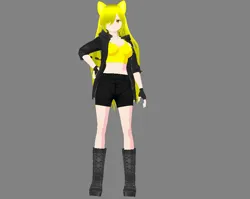 Size: 944x751 | Tagged: safe, derpibooru import, oc, unofficial characters only, anthro, 3d, 3d model, amber eyes, anime, anime style, blonde, blonde hair, boots, clothes, fingerless gloves, gloves, hood, image, jacket, knee-high boots, leather, leather jacket, midriff, platform boots, png, shoes, shorts, simple background, solo, tanktop
