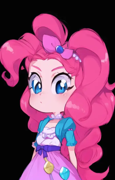 Size: 448x704 | Tagged: safe, derpibooru import, machine learning generated, pinkie pie, human, equestria girls, :i, anime, black background, female, image, pinegraph, png, simple background, solo