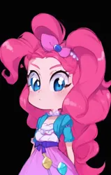 Size: 448x704 | Tagged: safe, derpibooru import, machine learning generated, pinkie pie, human, equestria girls, :i, anime, black background, female, image, pinegraph, png, simple background, solo