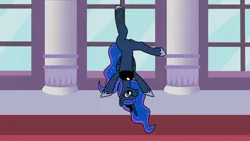 Size: 1920x1080 | Tagged: safe, artist:platinumdrop, derpibooru import, princess luna, hanging, hanging upside down, image, png, request, solo, upside down