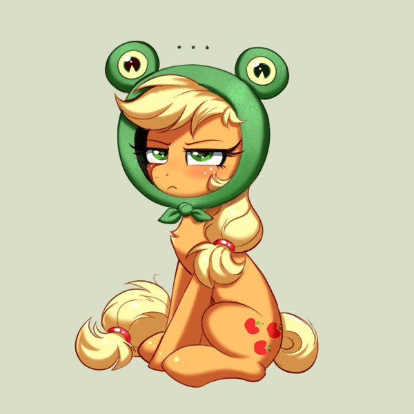 Size: 4000x4000 | Tagged: safe, artist:confetticakez, derpibooru import, applejack, earth pony, frog, pony, applejack is not amused, blushing, chest fluff, cute, embarrassed, female, freckles, hat, image, jackabetes, mare, png, silly, silly pony, simple background, sitting, solo, unamused, who's a silly pony