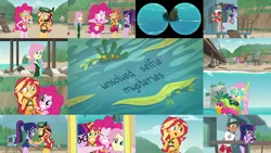 Size: 1280x721 | Tagged: safe, derpibooru import, editor:quoterific, fluttershy, pinkie pie, sci-twi, sunset shimmer, timber spruce, twilight sparkle, human, equestria girls, equestria girls series, unsolved selfie mysteries, beach, bikini, binoculars, clothes, fluttershy's wetsuit, image, jpeg, jumping, one-piece swimsuit, selfie, shocked, snorkel, swimsuit, wetsuit