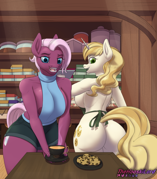 Size: 2249x2575 | Tagged: questionable, artist:thehuskylord, derpibooru import, jasmine leaf, sweet biscuit, anthro, earth pony, unicorn, 2022, apron, areola, areola slip, big breasts, breasts, butt, cafe, chai tea, clothes, cookie, female, food, horn, image, large butt, naked apron, nipple slip, nipples, nudity, partial nudity, png, sideboob, tea, wardrobe malfunction, wide hips