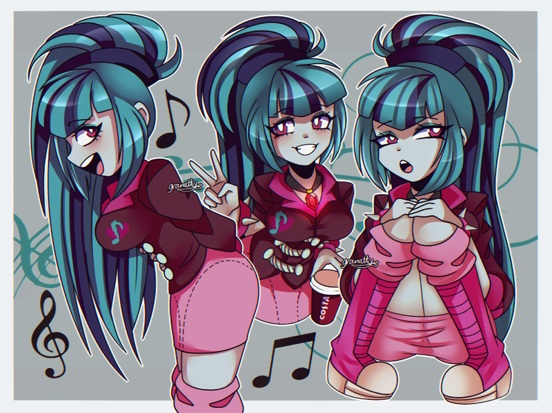 Size: 1175x880 | Tagged: safe, artist:granatty, derpibooru import, sonata dusk, human, equestria girls, boots, breasts, busty sonata dusk, clothes, coffee cup, cup, disguise, disguised siren, eyeshadow, gem, image, jacket, makeup, music notes, peace sign, png, ponytail, shoes, siren gem, sitting, skirt, solo