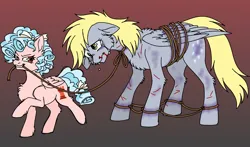 Size: 1700x1000 | Tagged: semi-grimdark, alternate version, artist:mechanakal, derpibooru import, cozy glow, derpy hooves, pegasus, pony, abuse, blood, blood from mouth, bondage, bound wings, bow, bruised, cheek fluff, chest fluff, commission, cross-eyed, crying, curly mane, cut, derpibooru exclusive, derpybuse, duo, duo female, evil grin, female, filly, floppy ears, fluffy, foal, folded wings, gradient background, grin, hair bow, head down, image, leash, looking at someone, looking back, looking down, mare, messy mane, nose wrinkle, nosebleed, png, raised hoof, rope, rope bondage, sad, smiling, teary eyes, trotting, wavy mouth, wings