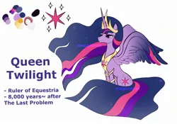 Size: 2388x1668 | Tagged: safe, artist:magoconut, derpibooru import, princess twilight 2.0, twilight sparkle, twilight sparkle (alicorn), alicorn, pony, the last problem, accessories, alternate cutie mark, alternate design, alternate hairstyle, alternate universe, color palette, colored wings, concave belly, crown, cutie mark, ethereal mane, ethereal tail, future, gradient mane, gradient tail, gradient wings, image, jewelry, jpeg, lidded eyes, lightly watermarked, long mane, long tail, older, older twilight, peytral, queen, reference sheet, regalia, slim, solo, starry mane, starry tail, starry wings, tail, tall, thin, two toned wings, watermark, wings
