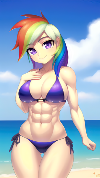 Size: 864x1536 | Tagged: suggestive, derpibooru import, editor:sammykun, machine learning generated, novelai, stable diffusion, rainbow dash, human, abs, beach, bikini, breasts, busty rainbow dash, cleavage, clothes, cloud, female, hand on breasts, humanized, image, looking at you, midriff, muscles, ocean, png, rainbuff dash, reasonably sized breasts, sexy, sky, smiling, solo, solo female, swimsuit, thighs, water