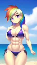 Size: 864x1536 | Tagged: suggestive, derpibooru import, editor:sammykun, machine learning generated, novelai, stable diffusion, rainbow dash, human, abs, beach, bikini, breasts, busty rainbow dash, cleavage, clothes, cloud, female, hand on breasts, humanized, image, looking at you, midriff, muscles, ocean, png, rainbuff dash, reasonably sized breasts, sexy, sky, smiling, solo, solo female, swimsuit, thighs, water