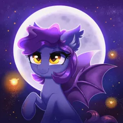 Size: 4000x4000 | Tagged: safe, artist:confetticakez, derpibooru import, oc, oc:midnight shriek, unofficial characters only, bat pony, firefly (insect), insect, pony, female, image, mare, moon, night, night sky, png, sky, solo