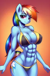 Size: 512x768 | Tagged: suggestive, derpibooru import, editor:sammykun, machine learning generated, novelai, stable diffusion, rainbow dash, anthro, human, pegasus, abs, bikini, breasts, busty rainbow dash, cleavage, clothes, curvy, female, hourglass figure, humanized, image, looking at you, midriff, muscles, png, rainbuff dash, reasonably sized breasts, sexy, simple background, smiling, solo, solo female, swimsuit, thighs, wide hips, wingless, wingless anthro