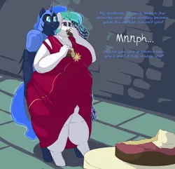Size: 2592x2500 | Tagged: suggestive, artist:lupin quill, derpibooru import, nightmare moon, princess celestia, alicorn, anthro, unguligrade anthro, fanfic:nightmare moons rubenesque revenge, series:nightmare moons rubenesque revenge (weight gain), armor, armor skirt, bbw, bedroom eyes, belly, big breasts, breasts, busty princess celestia, butt grab, butt touch, cake, cakelestia, castle of the royal pony sisters, chainmail, chubby cheeks, chubbylestia, clothes, dialogue, double chin, dress, fanfic art, fat, fat fetish, fetish, food, grope, helmet, image, kitchen eyes, magic, messy eating, mind control, obese, open mouth, png, skirt, ssbbw, teasing, thighs, this will end in weight gain, thunder thighs, tight clothing, wardrobe malfunction, weight gain, weight gain sequence, wide hips, wings