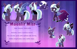 Size: 4397x2807 | Tagged: safe, artist:spookyle, derpibooru import, oc, oc:moonlit mist, bat, bat pony, pony, baby, baby pony, bat pony oc, bat wings, bow, choker, clothes, colored wings, dress, ear tufts, female, filly, flower, flower in hair, foal, folded wings, freckles, hair bow, image, mare, png, reference sheet, shoes, solo, spread wings, striped background, tail, tail bow, wings
