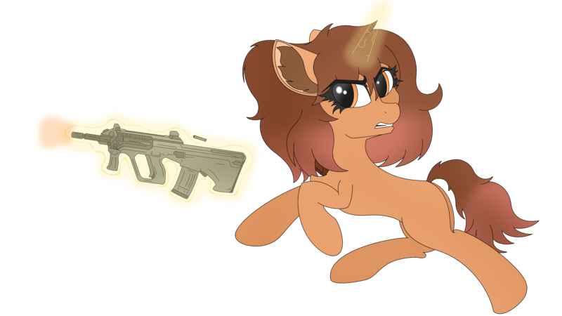 Size: 3840x2160 | Tagged: safe, artist:straighttothepointstudio, derpibooru import, oc, unofficial characters only, pony, unicorn, 4k, angry, assault rifle, brown mane, chest fluff, digital art, ear fluff, eyebrows, female, g5, glow, glowing horn, gritted teeth, gun, high res, horn, image, jumping, levitation, looking back, machine gun, magic, magic aura, orange eyes, png, rifle, shooting, simple background, solo, teeth, telekinesis, transparent background, unicorn oc, weapon