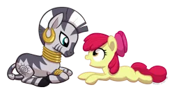 Size: 800x436 | Tagged: safe, artist:deerspit, derpibooru import, apple bloom, zecora, earth pony, pony, zebra, apple bloom's bow, bow, female, filly, foal, hair bow, image, looking at each other, looking at someone, mare, png, simple background, transparent background
