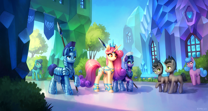 Size: 2000x1070 | Tagged: safe, artist:asimos, derpibooru import, king sombra, princess amore, crystal pony, pony, unicorn, the crystal empire, armor, blue eyes, crown, crystal guard, crystal guard armor, digital art, female, green eyes, helmet, horn, image, jewelry, looking at each other, looking at someone, mare, open mouth, orange eyes, peytral, png, raised hoof, regalia, smiling, spear, tree, weapon, window