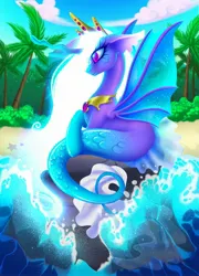 Size: 1913x2664 | Tagged: safe, artist:blueblizzzard, derpibooru import, oc, unofficial characters only, alicorn, hybrid, merpony, pony, seapony (g4), starfish, beach, cloud, crown, digital art, eyelashes, female, fin wings, fins, fish tail, flowing mane, horn, image, jewelry, jpeg, mare, mermaid tail, necklace, ocean, palm tree, purple eyes, regalia, rock, scales, seaponified, sitting, sky, smiling, solo, species swap, tail, tree, water, white mane, wings