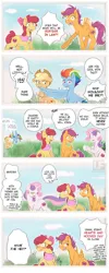 Size: 1024x2556 | Tagged: safe, artist:redheadfly, derpibooru import, apple bloom, applejack, rainbow dash, scootaloo, sweetie belle, earth pony, pegasus, pony, unicorn, the last problem, appledash, blushing, clothes, comic, cutie mark crusaders, eyeshadow, female, granny smith's shawl, hearts and hooves day, image, implied lesbian, implied scootabelle, implied shipping, implied sweetiebloom, jpeg, lesbian, makeup, older, older apple bloom, older applejack, older cmc, older rainbow dash, older scootaloo, older sweetie belle, raised tail, scarf, seduction, shipping, tail, tail seduce, what the hay?, wing hands, wings