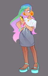 Size: 1147x1800 | Tagged: safe, artist:stevetwisp, derpibooru import, princess celestia, human, bracelet, choker, clothes, ear piercing, earring, ethereal mane, hairpin, hand on hip, high heels, human coloration, humanized, image, jewelry, jpeg, midriff, mobile phone, necklace, open-toed shoes, phone, piercing, platform heels, sandals, shirt, shoes, skirt, smartphone, t-shirt, texting, toes