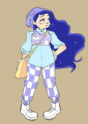 Size: 1279x1800 | Tagged: safe, artist:stevetwisp, derpibooru import, princess luna, human, gamer luna, :3, bag, beanie, boots, clothes, ethereal mane, hand on hip, hat, human coloration, humanized, image, jpeg, nose piercing, nose ring, pants, piercing, plaid, purse, shirt, shoes, solo