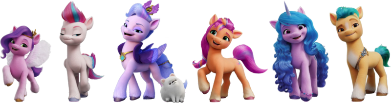 Size: 1280x339 | Tagged: safe, artist:pascalmulokozi2, derpibooru import, edit, edited screencap, screencap, cloudpuff, hitch trailblazer, izzy moonbow, pipp petals, queen haven, sunny starscout, zipp storm, earth pony, pegasus, pony, unicorn, my little pony: a new generation, background removed, female, g5, image, male, mane five (g5), mare, not a vector, png, simple background, stallion, transparent background