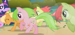 Size: 1275x593 | Tagged: safe, derpibooru import, screencap, apple cobbler, peachy sweet, red gala, twilight sparkle, earth pony, pony, unicorn, friendship is magic, season 1, alternate hairstyle, animation error, apple, apple family member, bush, cropped, dirt road, dust cloud, excited, eyes closed, female, food, galloping, image, mare, moon, multeity, path, png, running, shocked, tongue out, unicorn twilight, wrong eye color