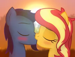 Size: 1880x1440 | Tagged: safe, artist:angryprogrockbrony, derpibooru import, sunset shimmer, oc, oc:starless, earth pony, pony, unicorn, blushing, canon x oc, derpibooru exclusive, earth pony oc, female, image, kiss on the lips, kissing, male, mare, png, shipping, stallion, straight, sunset