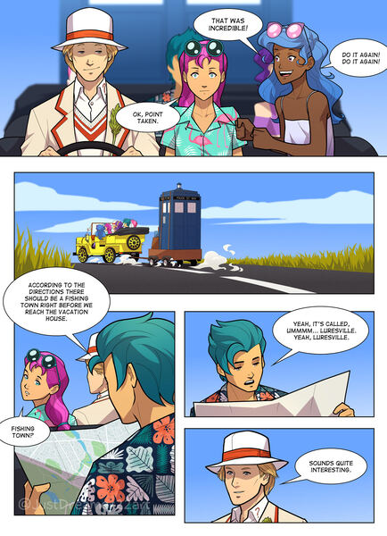 Size: 1445x2000 | Tagged: safe, derpibooru import, hitch trailblazer, izzy moonbow, pipp petals, sunny starscout, zipp storm, human, comic:attack of the cyberman, car, comic, crossover, doctor who, driving, fifth doctor, g5, humanized, image, jpeg, map, peter davison, tardis